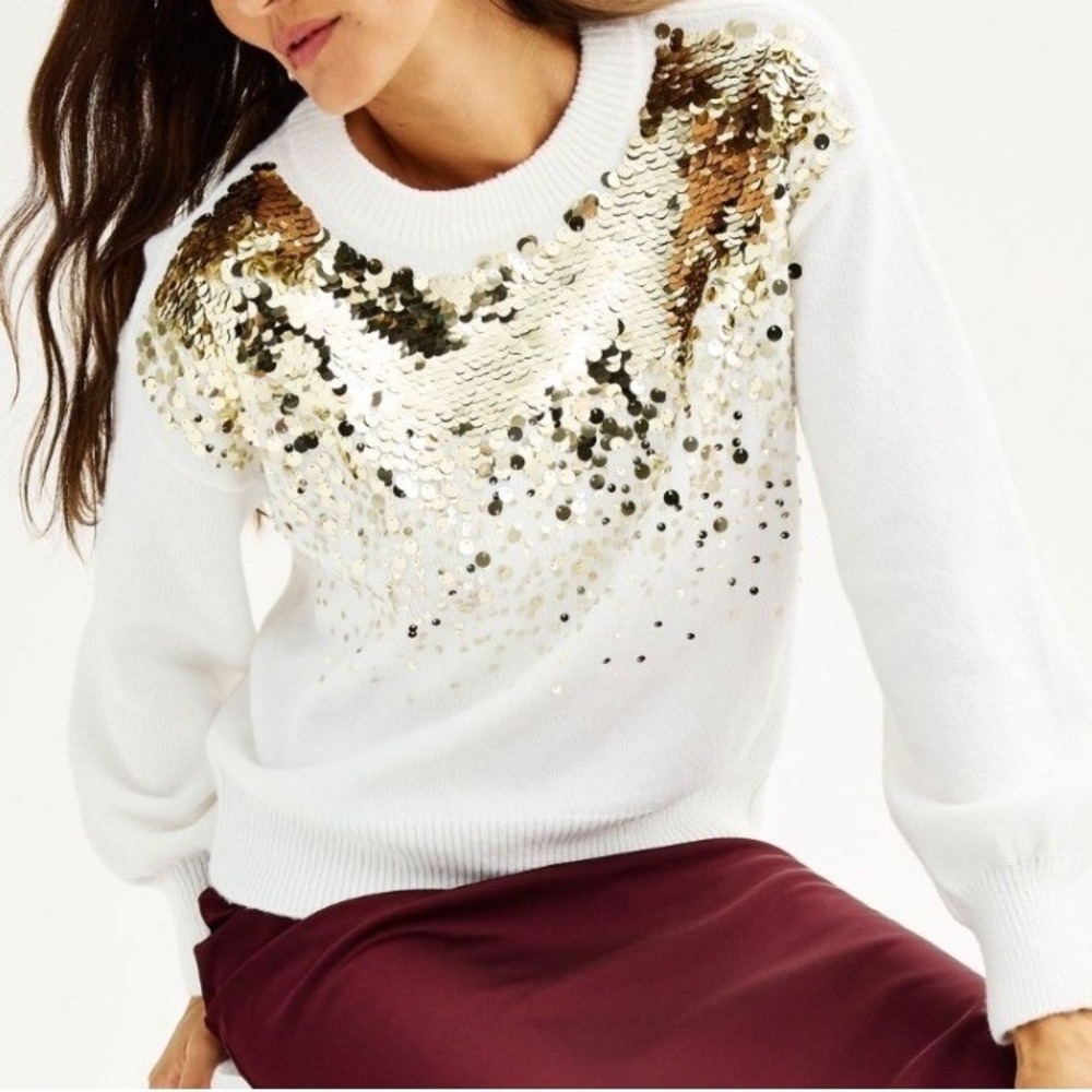 Nine West Womens Sweater Large White Gold Sequin Shiny Crewneck Party Glam